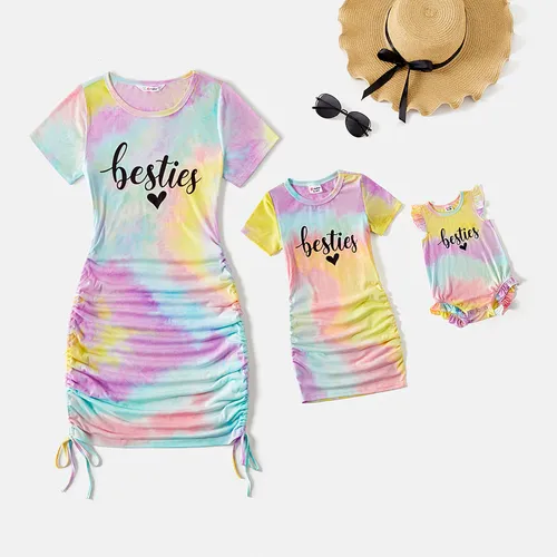 Mommy and Me 95% Cotton Short-sleeve Letter Print Tie Dye Drawstring Ruched Bodycon T-shirt Dresses
