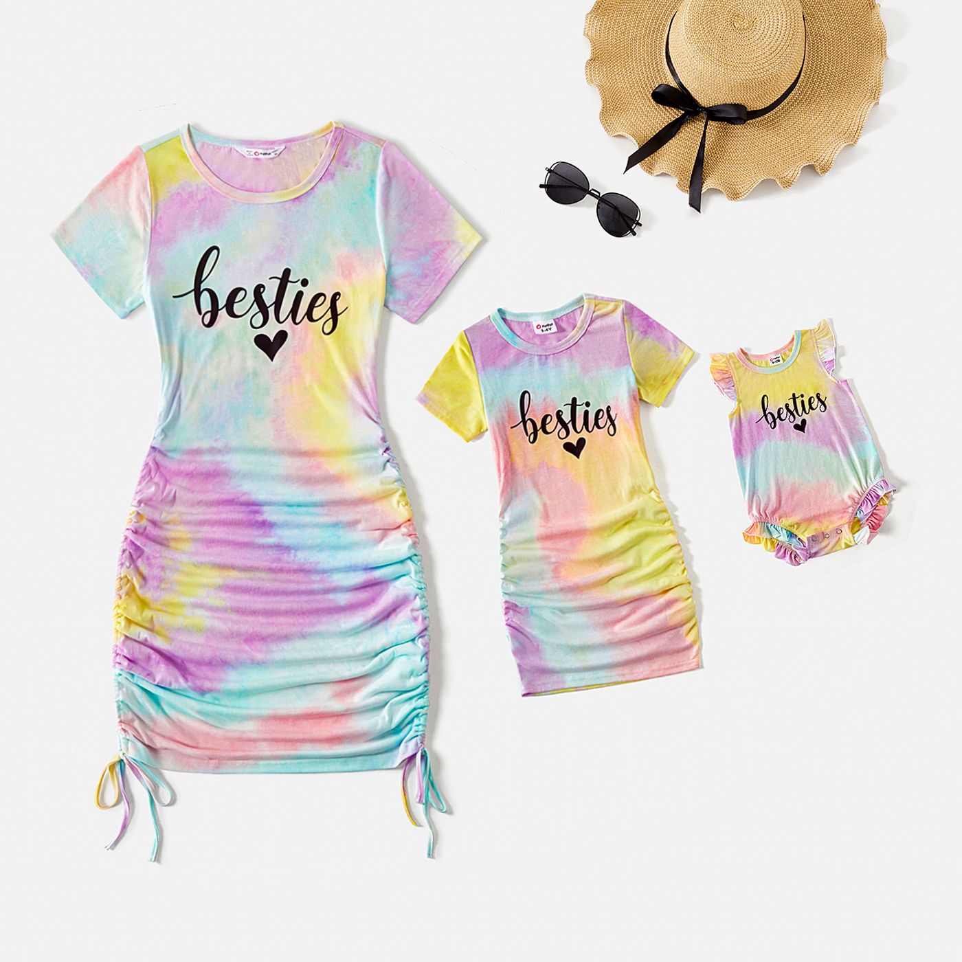 Mommy And Me 95% Cotton Short-sleeve Letter Print Tie Dye Drawstring Ruched Bodycon T-shirt Dresses