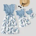 Mommy and Me Floral Print Spliced Solid V Neck Ruffle Trim Sleeveless Dresses  image 2