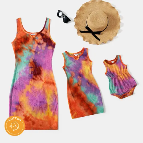 Mommy and Me 95% Cotton Colorful Tie Dye Bodycon Tank Dresses