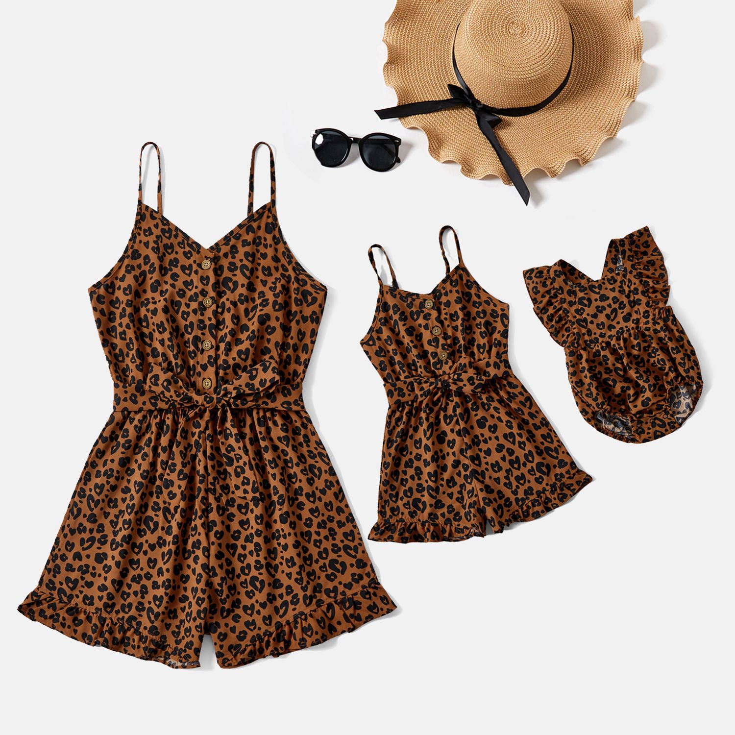 

Mommy and Me Brown Leopard Print Belted Cami Rompers