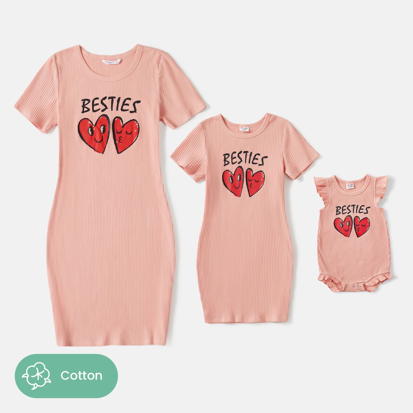 

Mommy and Me Pink Cotton Ribbed Heart & Letter Print Short-sleeve Bodycon Dresses