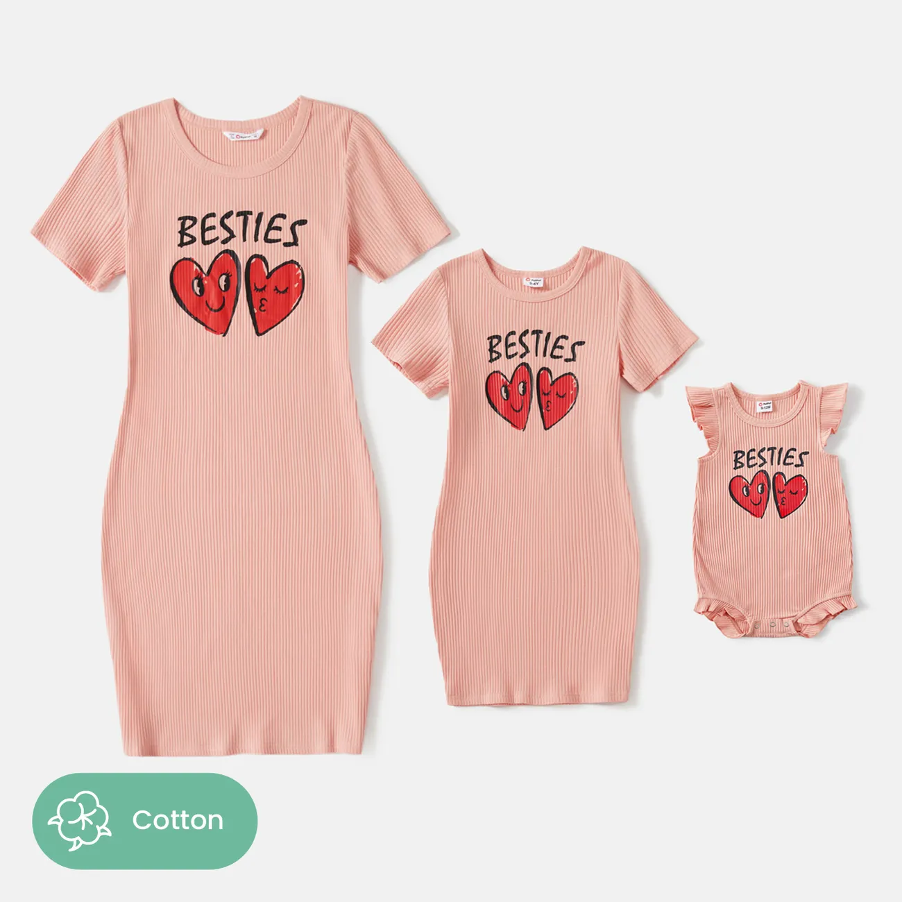 Mommy and Me Pink Cotton Ribbed Heart & Letter Print Short-sleeve Bodycon Dresses Pink big image 1