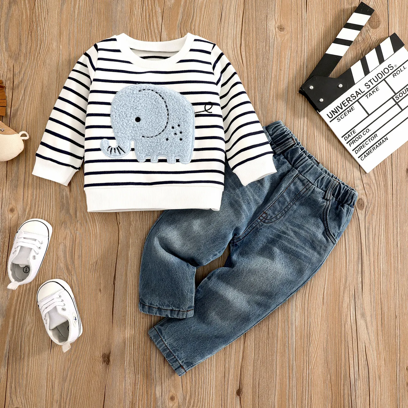 2pcs Baby Boy 95% Cotton Long-sleeve Elephant Embroidered Striped Sweatshirt & Denim Jeans Set