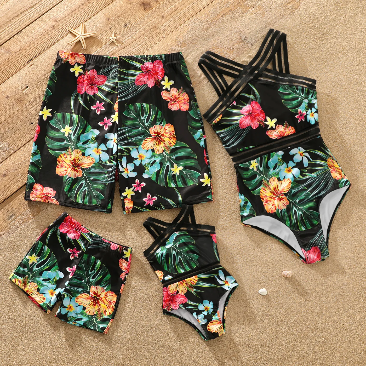 Family Matching Allover Tropical Plant Print One-piece Swimsuit and Swim Trunks Black image 2