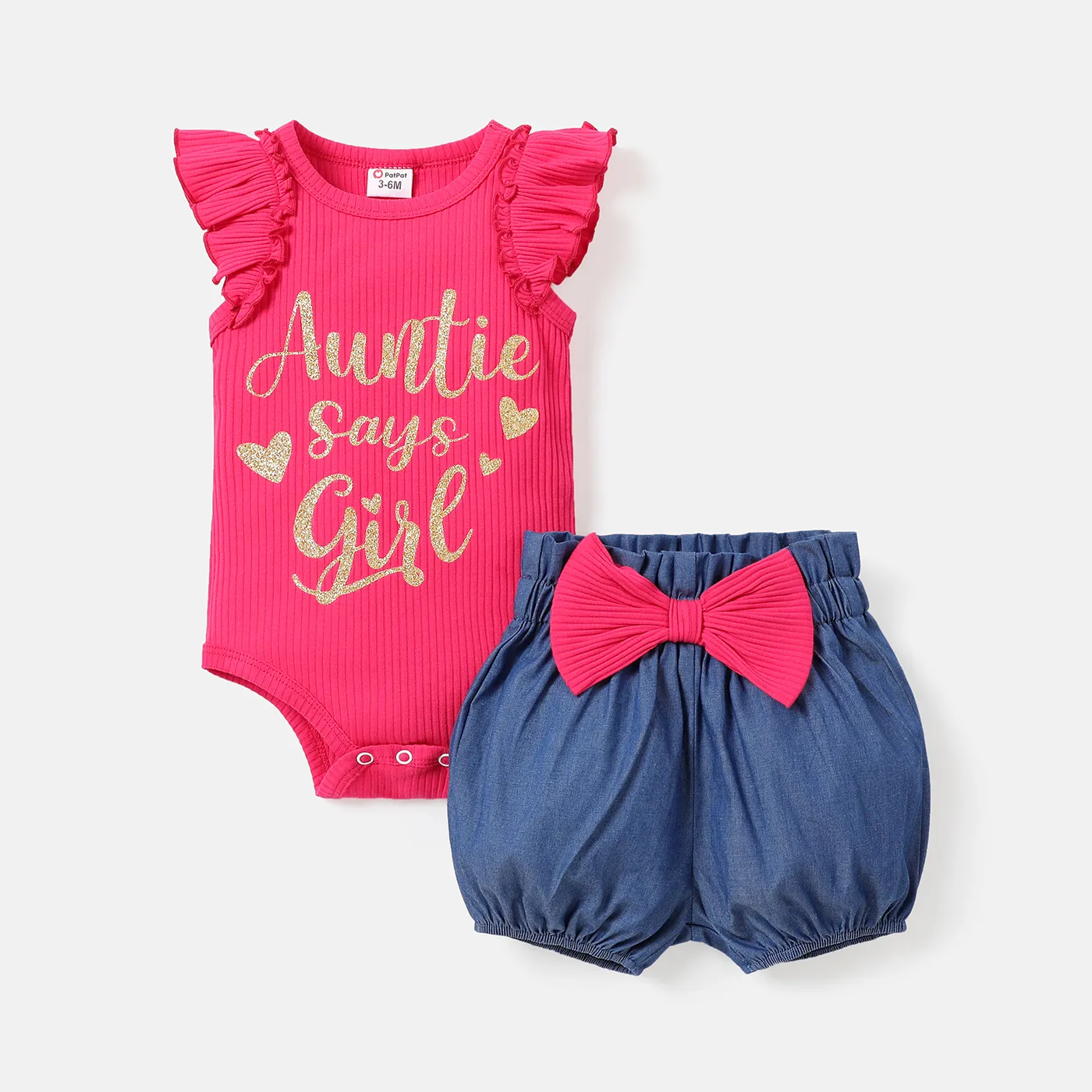 

2pcs Baby Girl 100% Cotton Bow Front Bloomer Shorts and Letter Graphic Flutter-sleeve Ribbed Romper Set