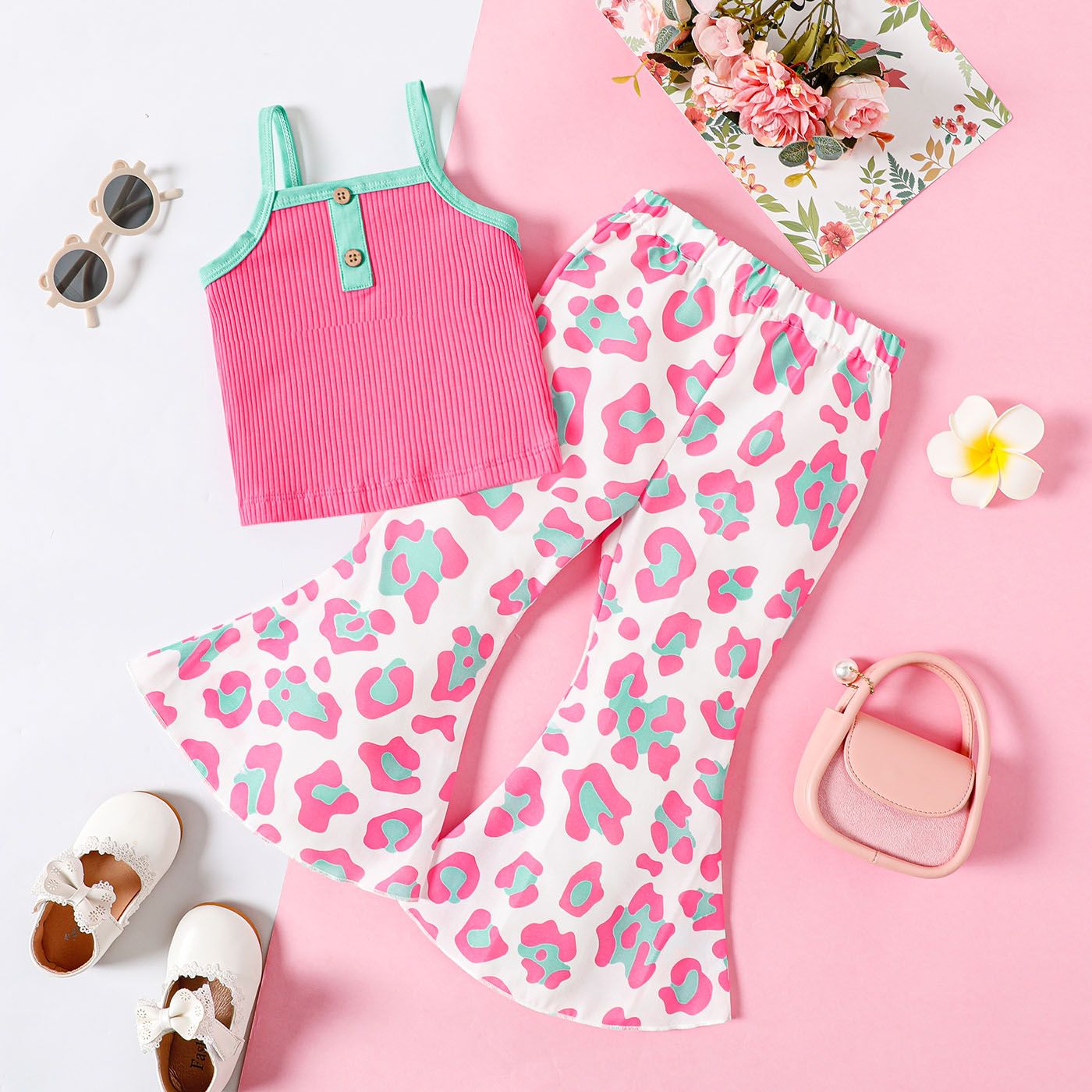 2pcs Toddler Girl Cotton Button Design Camisole And Leopard Print Flared Pants Set