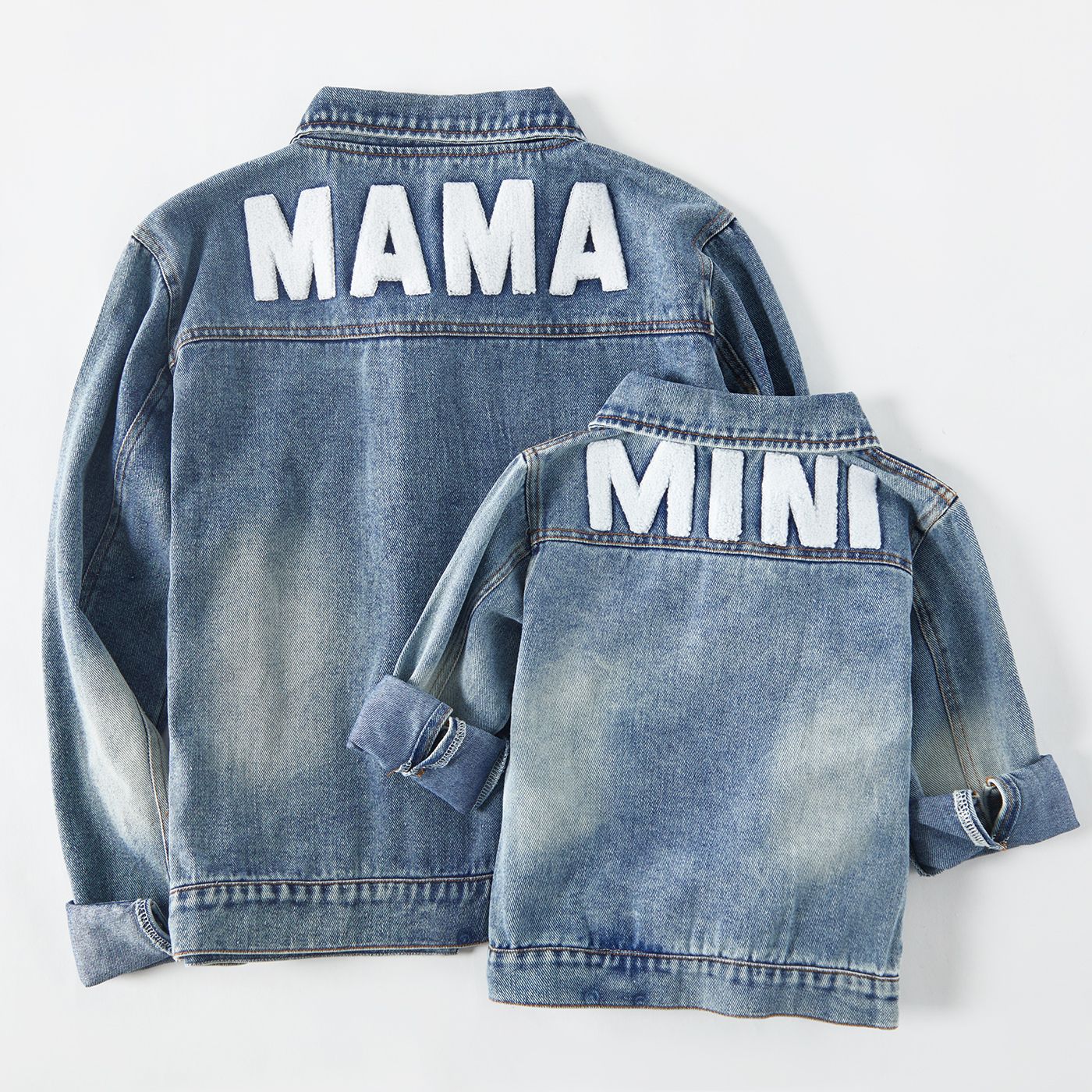 Mommy And Me Letter Embroidered Light Blue Distressed Denim Jackets