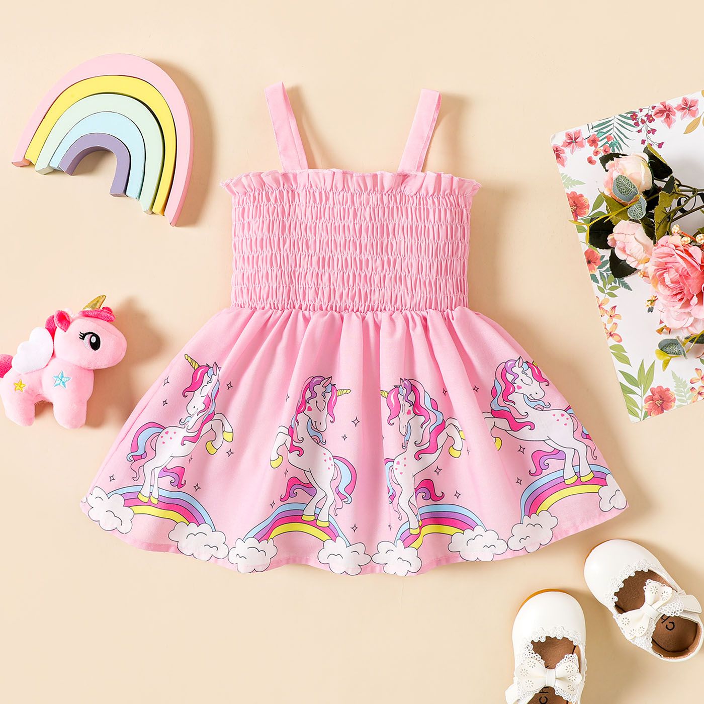 

Baby Girl Unicorn Print Shirred Strappy Dress