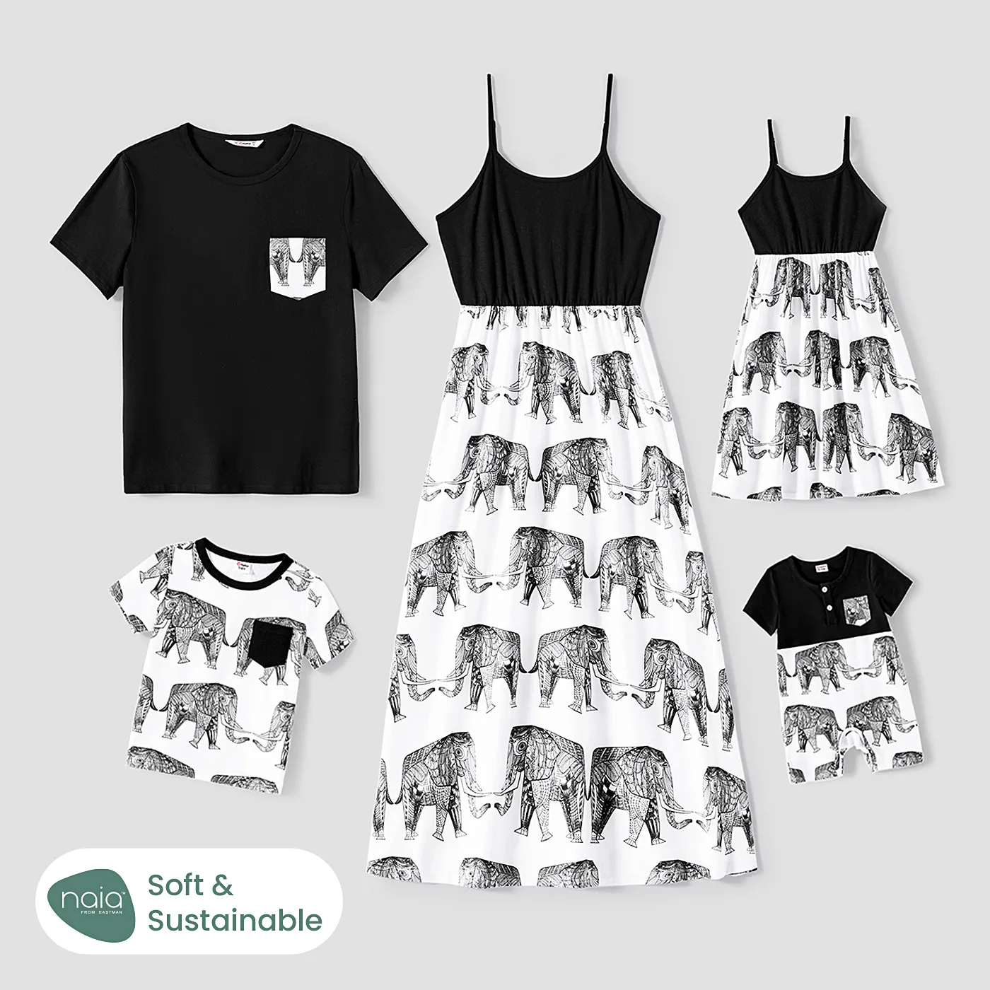 

Family Matching Cotton Short-sleeve T-shirts and Allover Elephant Print Spliced Naia™ Cami Dresses Sets