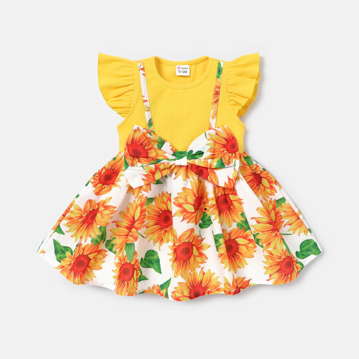 Baby Girl Allover Sunflower Print Bow Front Spliced Flutter-sleeve Dress