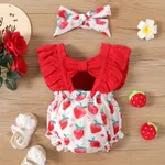 2pcs Baby Girl Cotton Ruffled Strawberry Print Spliced Cut Out Romper & Headband Set  image 2