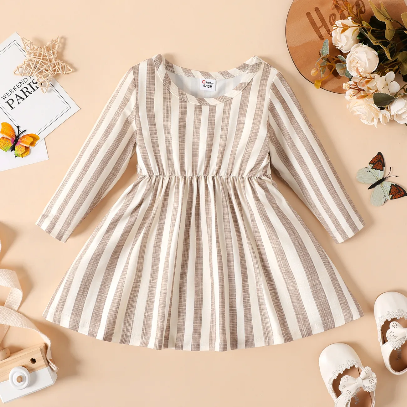 Baby Girl Ribbed Brown/White/Striped Long-sleeve Dress Apricot big image 1