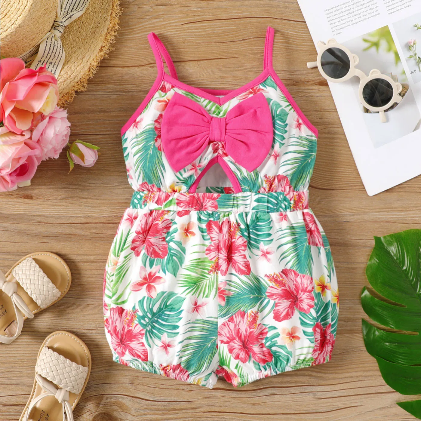 Toddler Girl Cotton Floral Print Bowknot Design Slip Rompers  big image 1
