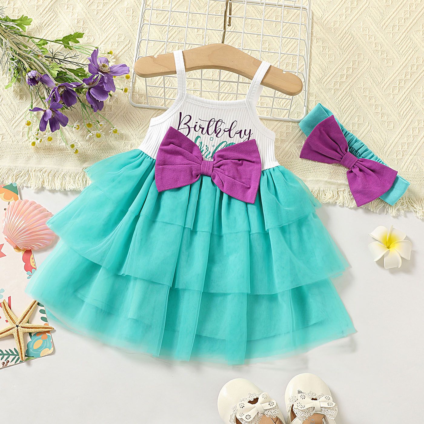 

2pcs Baby Girl Cotton Letter Print Contrast Bow Front Layered Mesh Cami Fairy Dress & Headband Set