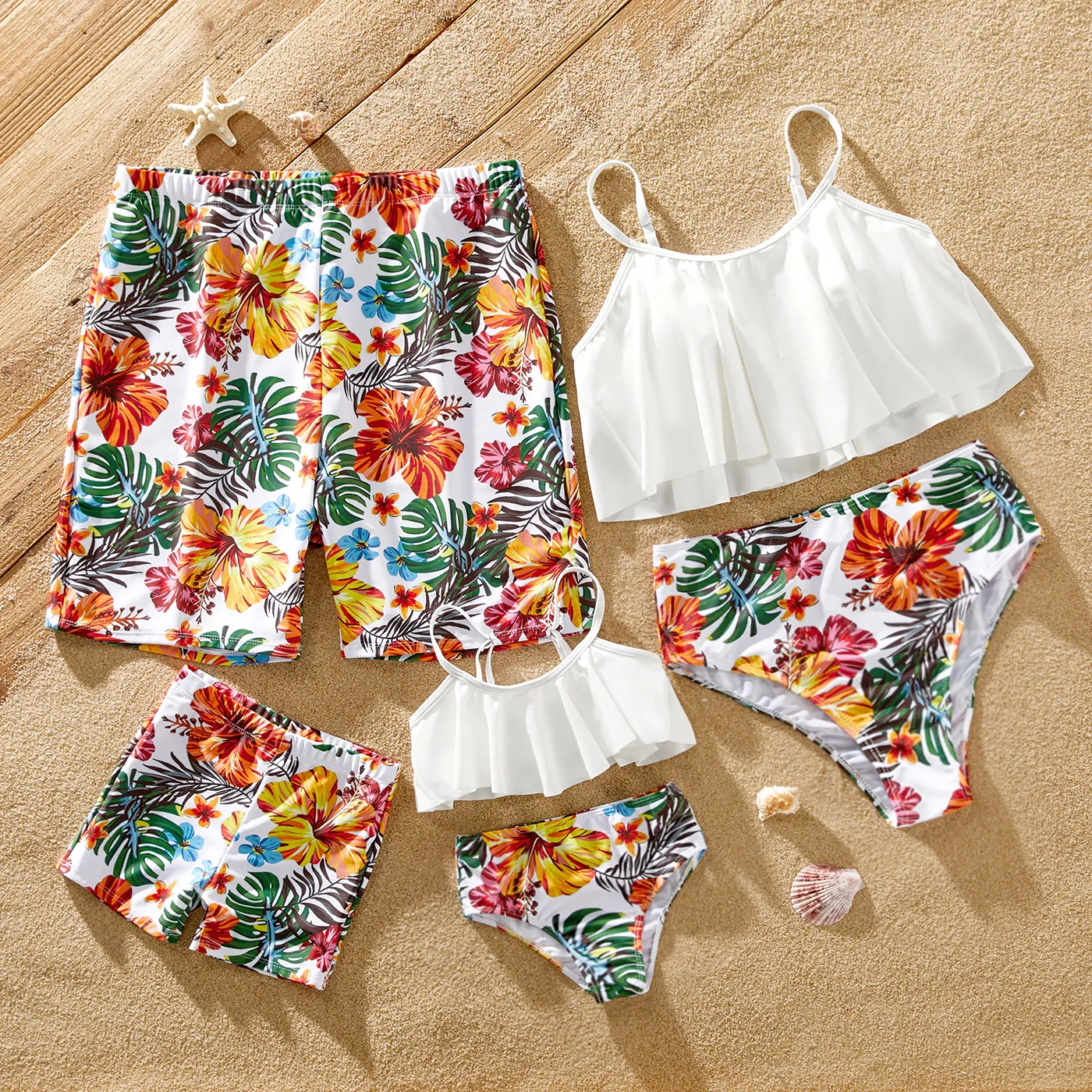 Family Matching Allover Tropical Plant Print Strappy Two-piece Swimsuit and Swim Trunks Shorts White image 2