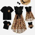 Family Matching Cotton Black Short-sleeve T-shirts and Leopard Print High Low Hem Flutter-sleeve Dresses Sets Black image 2