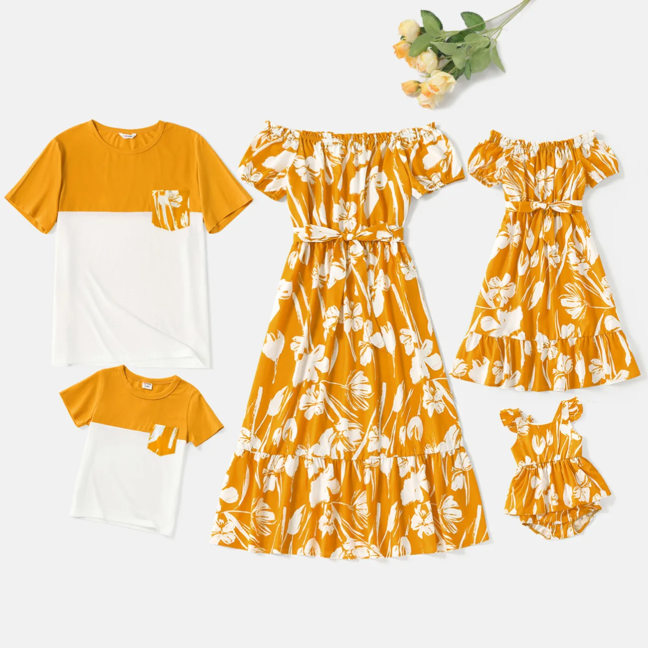 Ostern Familien-Looks Große Blume Kurzärmelig Familien-Outfits Sets gelb big image 1
