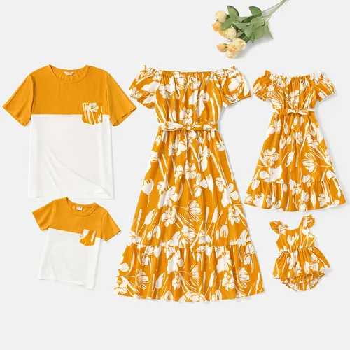 Family Matching Cotton Short-sleeve Colorblock T-shirts and Floral Print Off Shoulder Belted Dresses Sets