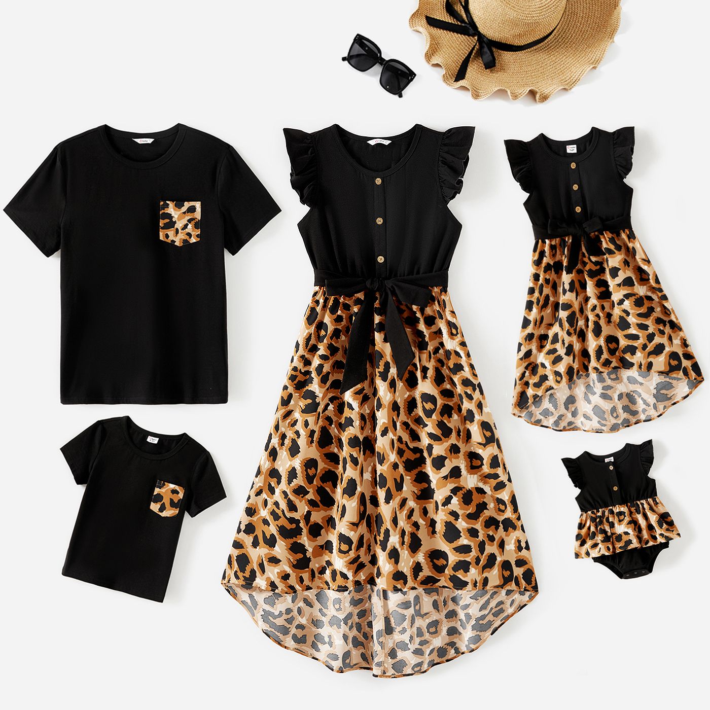 Family Matching Cotton Black Short-sleeve T-shirts And Leopard Print High Low Hem Flutter-sleeve Dresses Sets