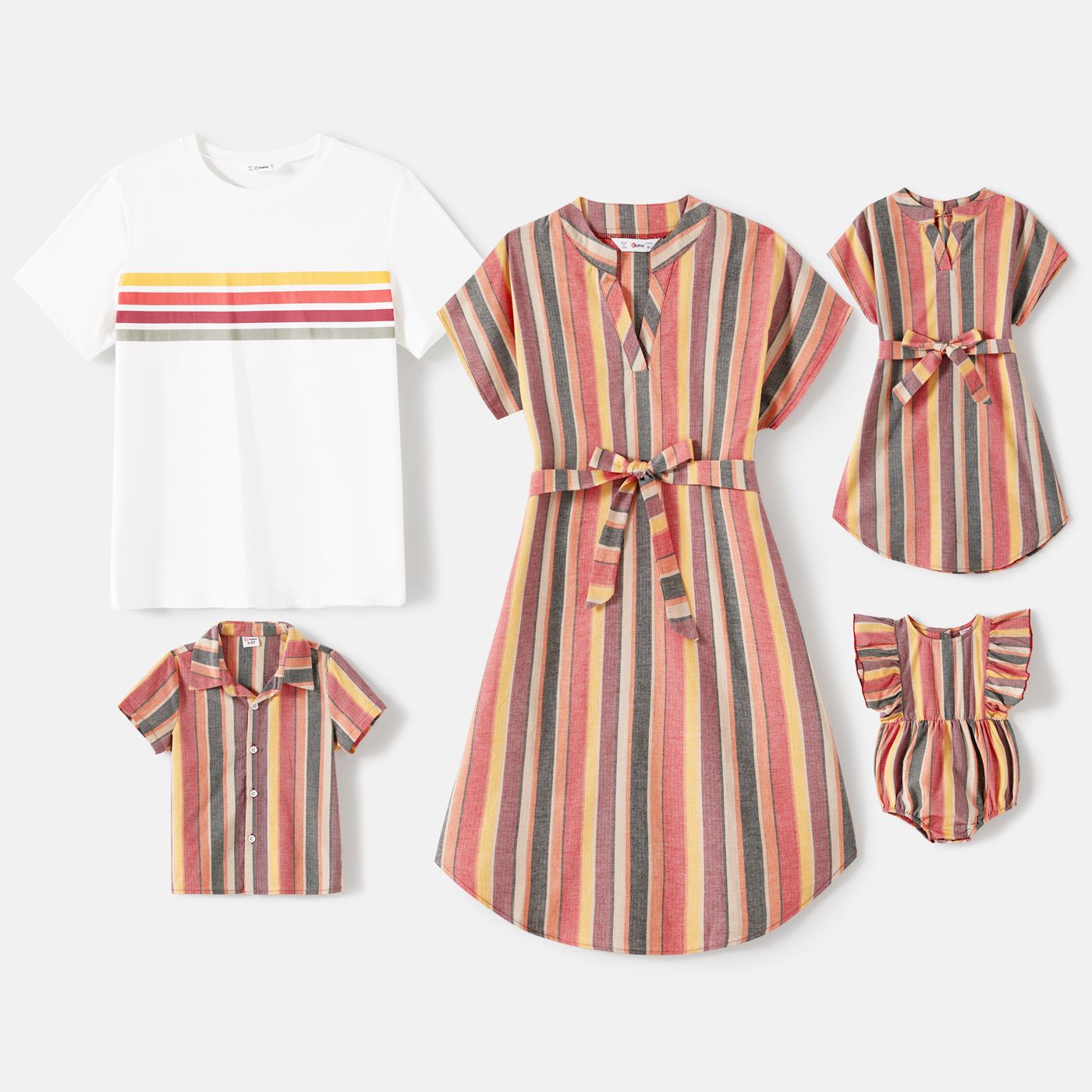 

Family Matching 100% Cotton Colorful Striped Notched Neck Batwing Sleeve Belted Dresses and Tops Sets