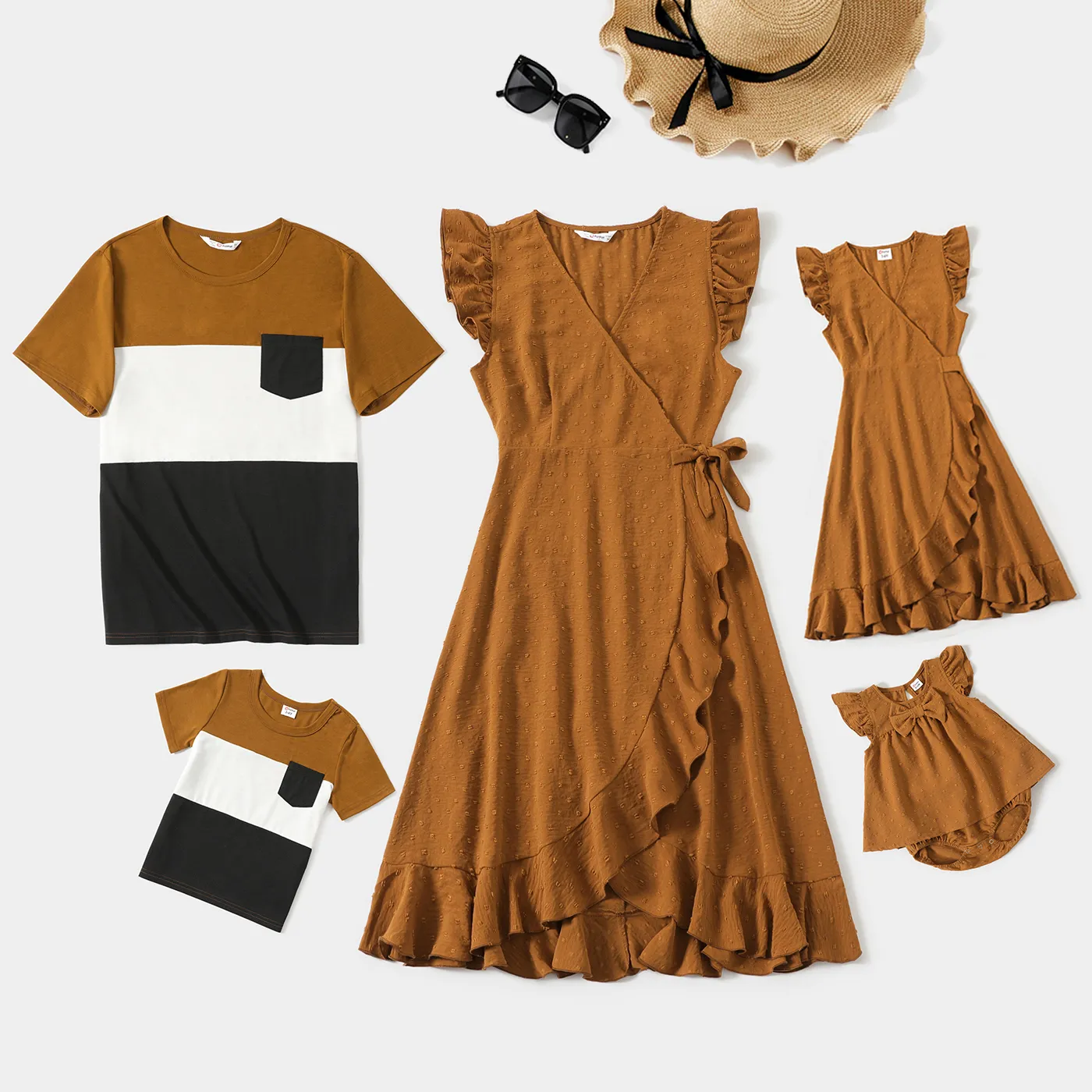 Family Matching Khaki V Neck Sleeveless Ruffle Wrap Dresses and Colorblock Short-sleeve T-shirts Sets Khaki image 2