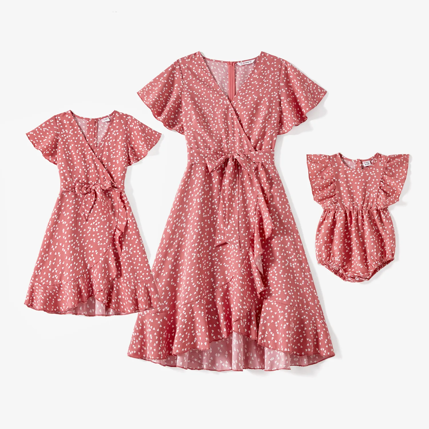 

Mommy and Me Allover Floral Print Surplice Neck Short-sleeve Belted Ruffle Trim Dresses Sets