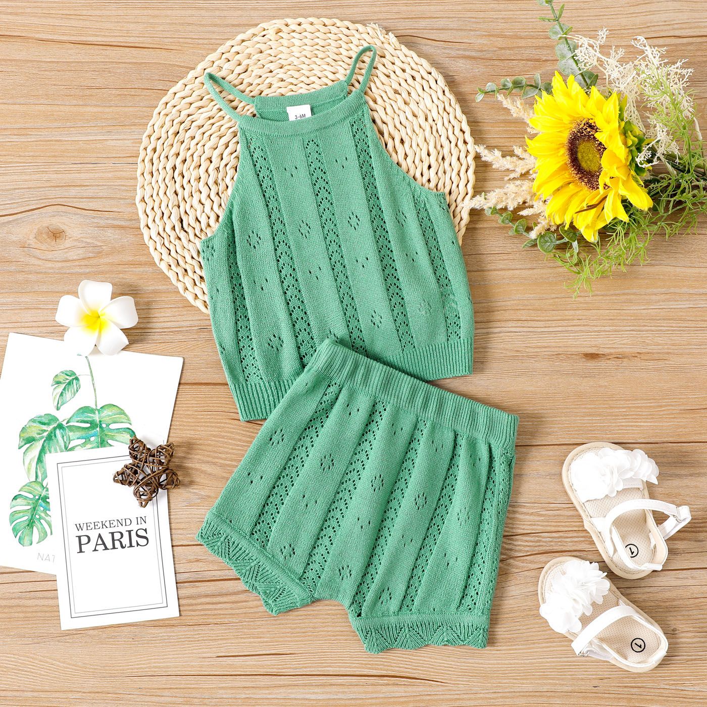2pcs Baby Girl Solid Knitted Cami Top And Shorts Set
