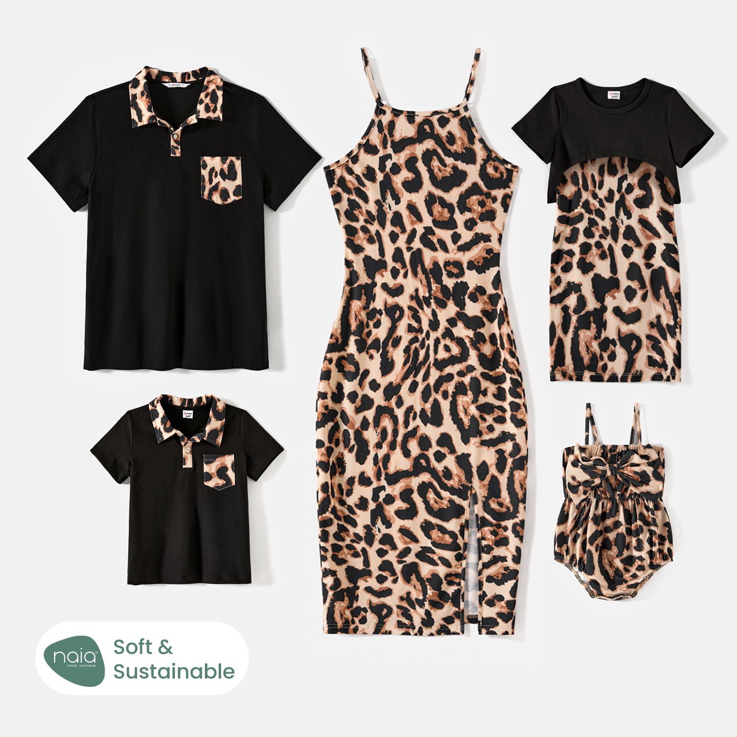 

Family Matching Leopard Print Naia Strappy Split Dresses and Cotton Short-sleeve Polo Shirts Sets