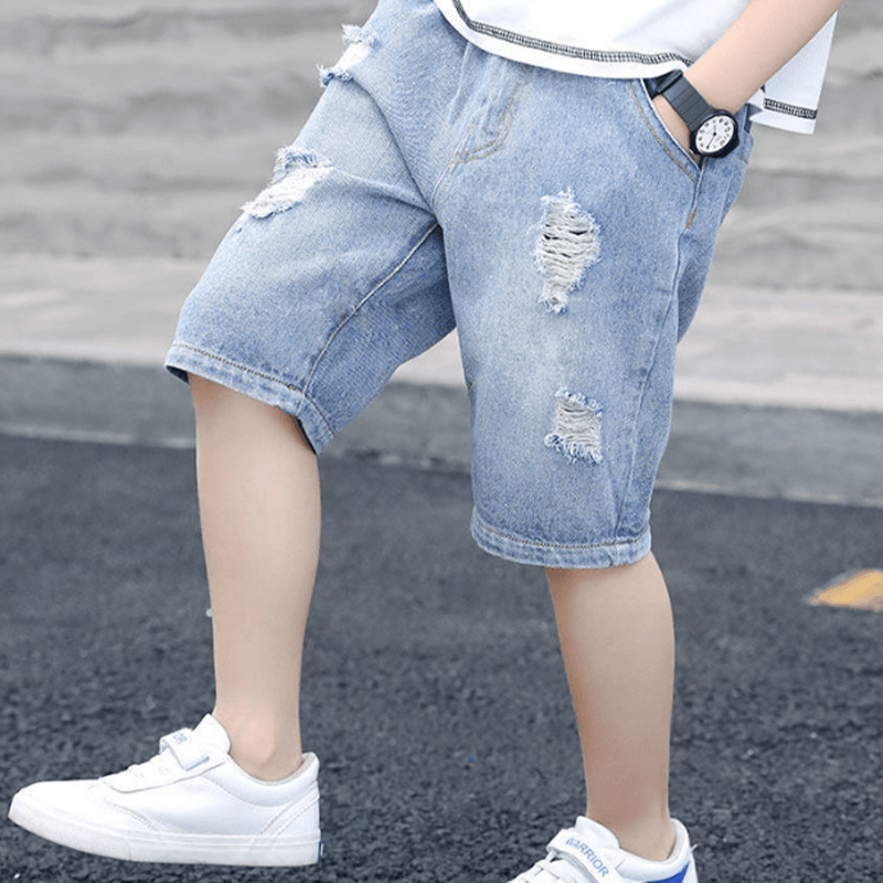 

Kid Boy Animal Lion Print Short-sleeve Black Tee / Ripped Denim Shorts