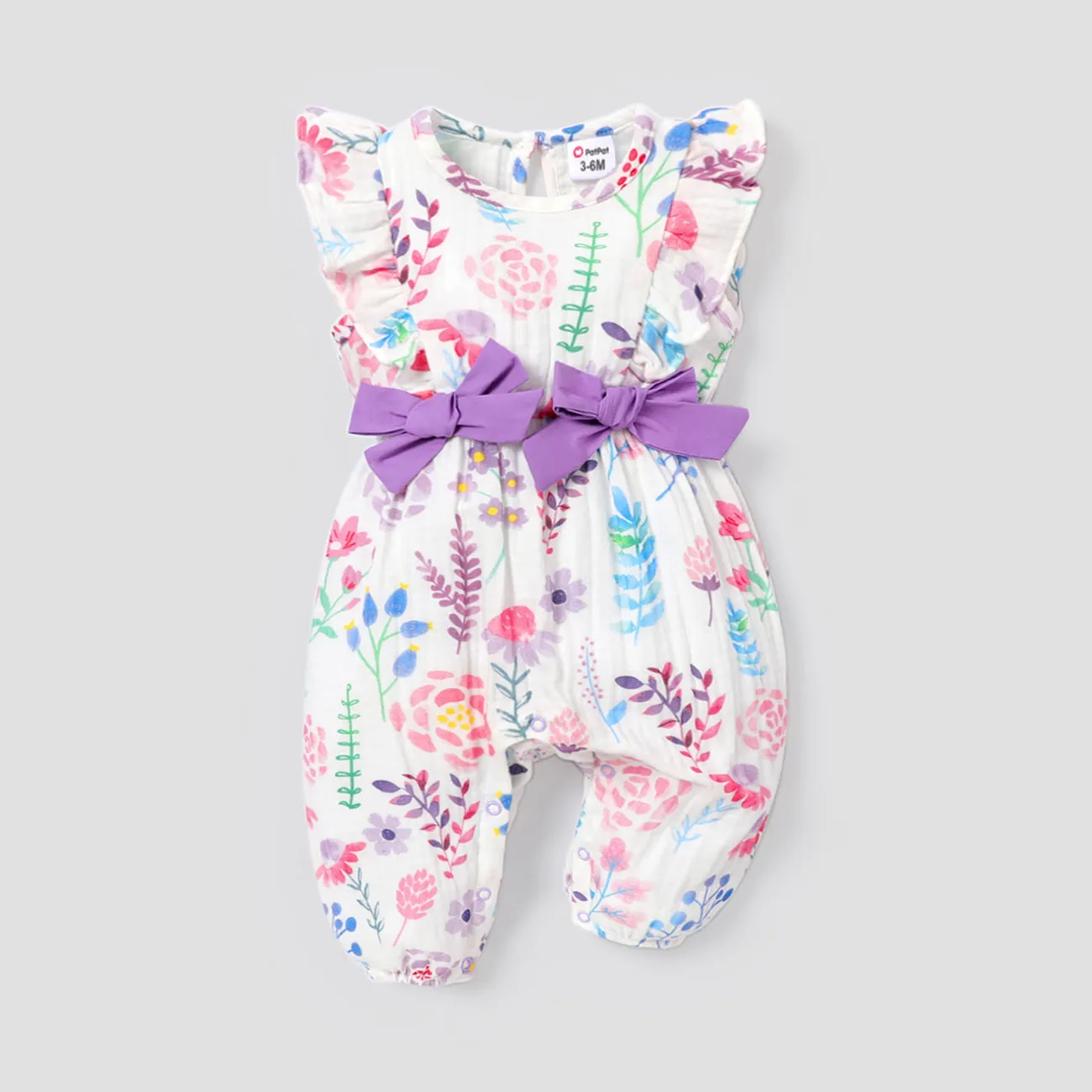 Baby Girl 100% Cotton Crepe Contrast Bow Decor Allover Floral Print Ruffled Sleeveless Jumpsuit  big image 1