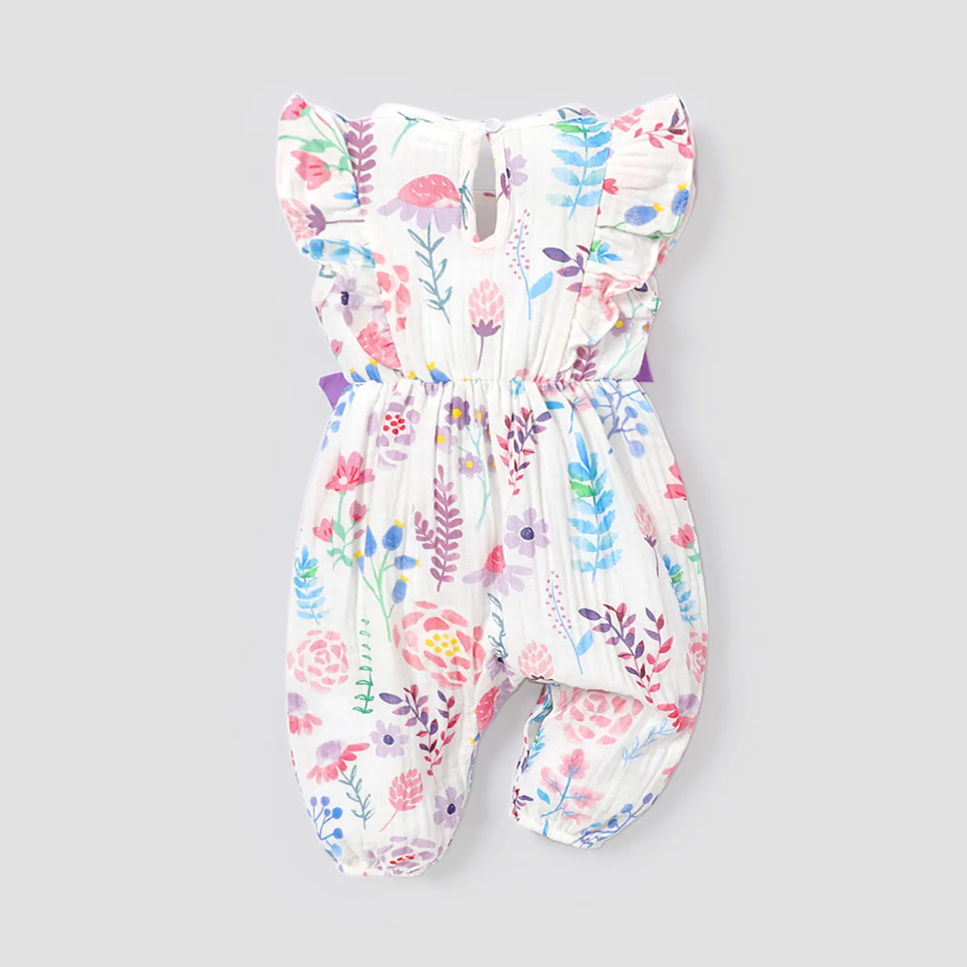 Baby Girl 100% Cotton Crepe Contrast Bow Decor Allover Floral Print Ruffled Sleeveless Jumpsuit  image 2