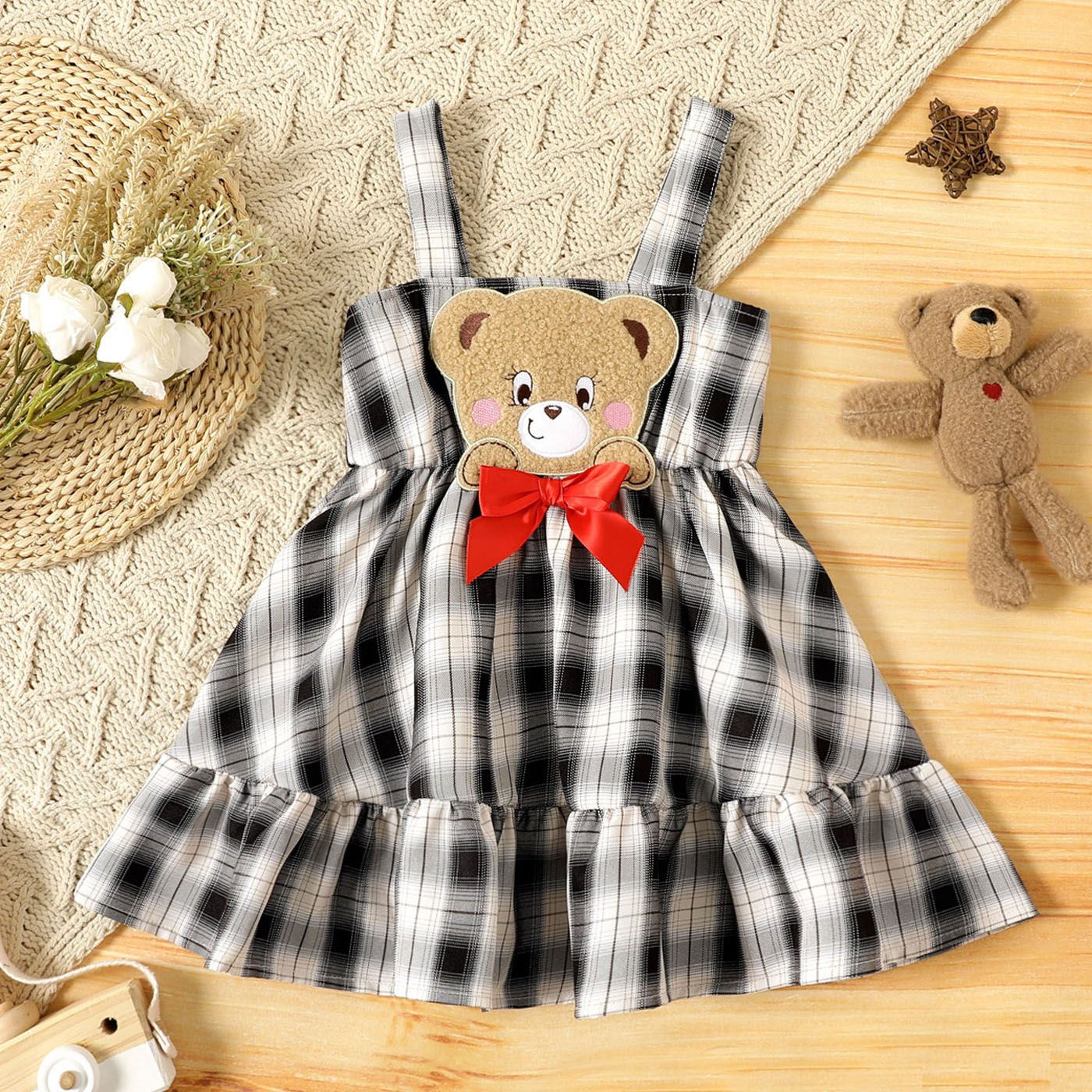 

Toddler Girl Bear Embroidered Plaid Bowknot Design Cami Dress