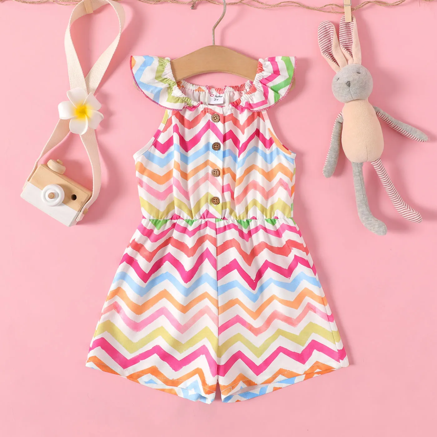 Toddler Girl Chevron Stripes Button Design Sleeveless Rompers Colorful big image 1