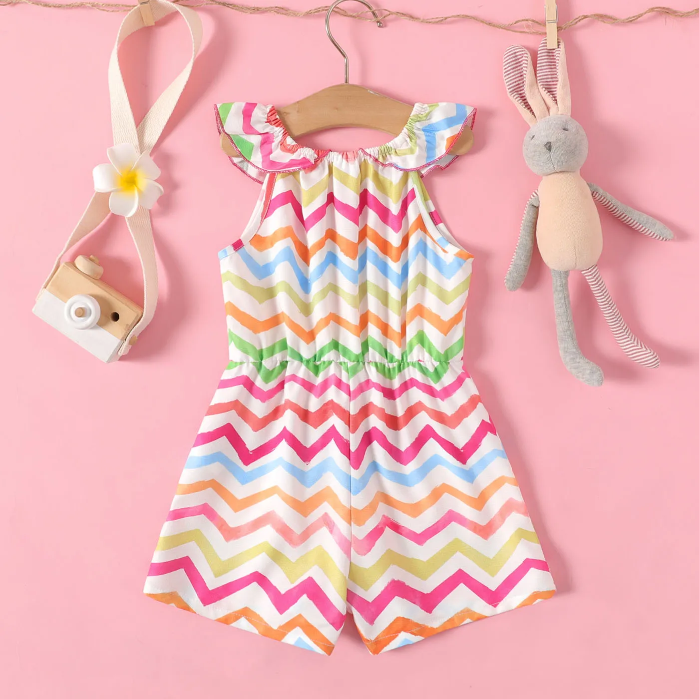 Toddler Girl Chevron Stripes Button Design Sleeveless Rompers Colorful image 2