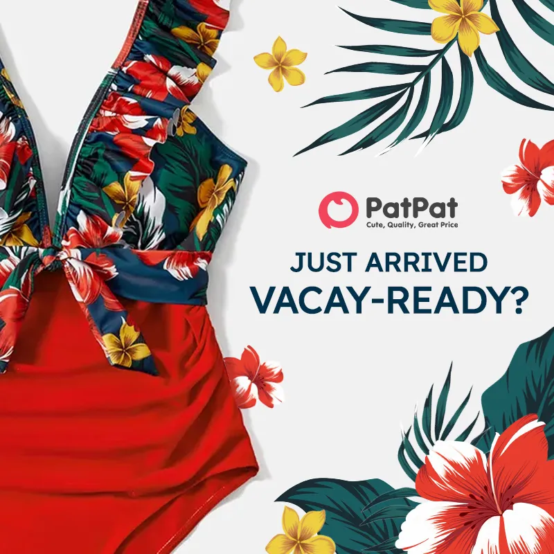 Family Matching Floral Print & Solid Spliced Ruffle Trim One-piece Swimsuit and Swim Trunks Red image 3