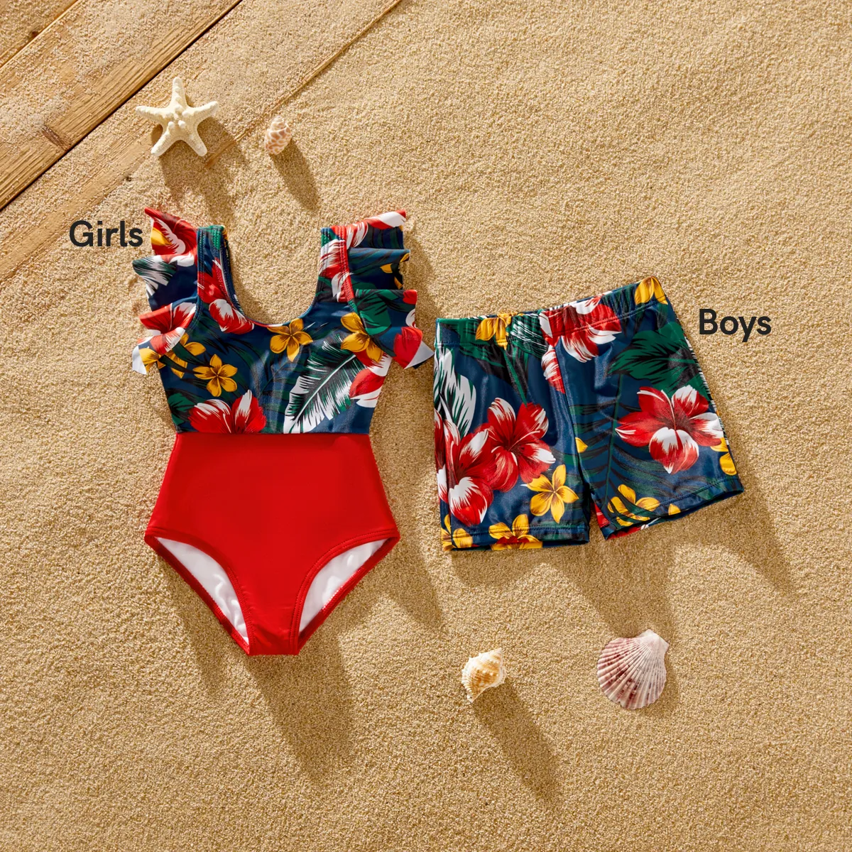 Family Matching Floral Print & Solid Spliced Ruffle Trim One-piece Swimsuit and Swim Trunks Red image 6