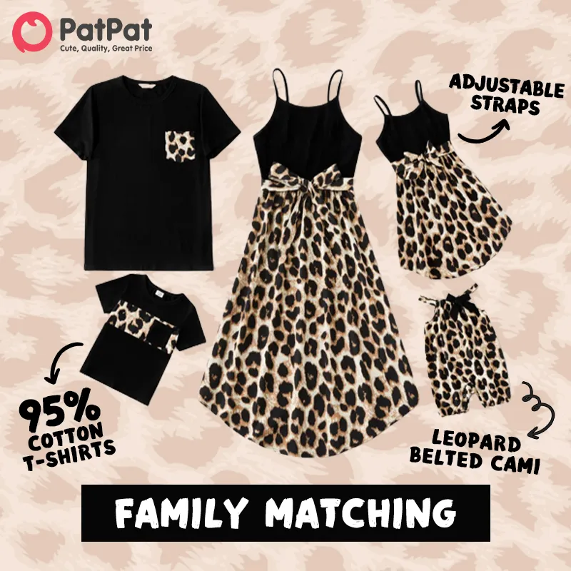 Family Matching 95% Cotton Short-sleeve T-shirts and Rib Knit Spliced Leopard Belted Cami Dresses Sets Black big image 1