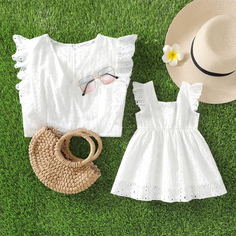 100% Cotton White Hollow-Out Floral Embroidered Ruffle Sleeveless Dress for Mom and Me big image 6