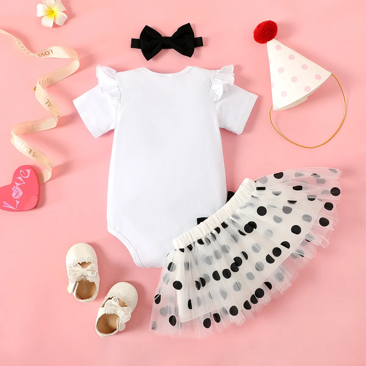 3pcs Baby Girl 95% Cotton Ruffle Short-sleeve Letter & Cow Print Romper and Polka Dots Mesh Skirt & Headband Set White big image 1