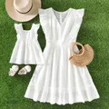100% Cotton White Hollow-Out Floral Embroidered Ruffle Sleeveless Dress for Mom and Me  image 2