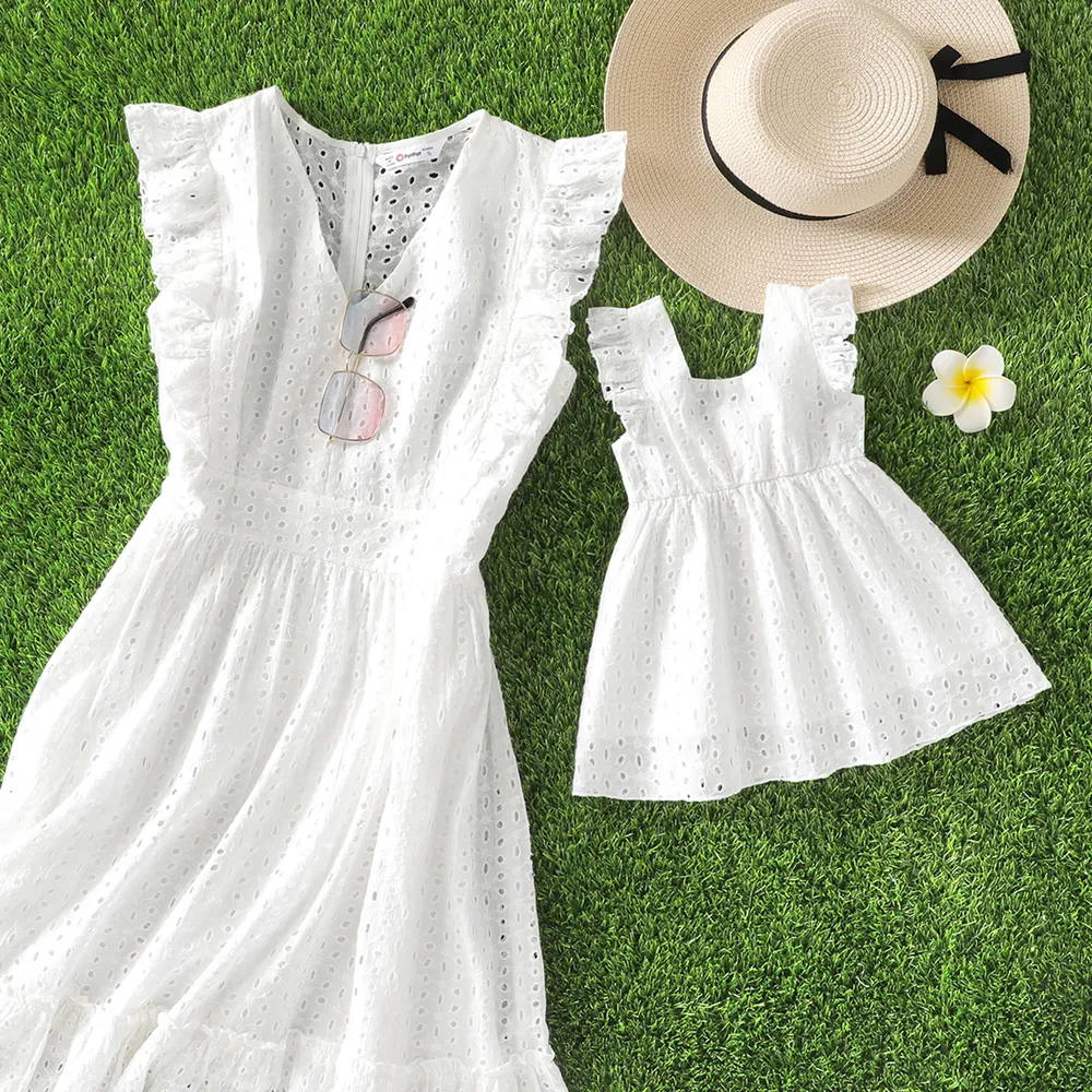 100% Cotton White Hollow-Out Floral Embroidered Ruffle Sleeveless Dress for Mom and Me big image 5