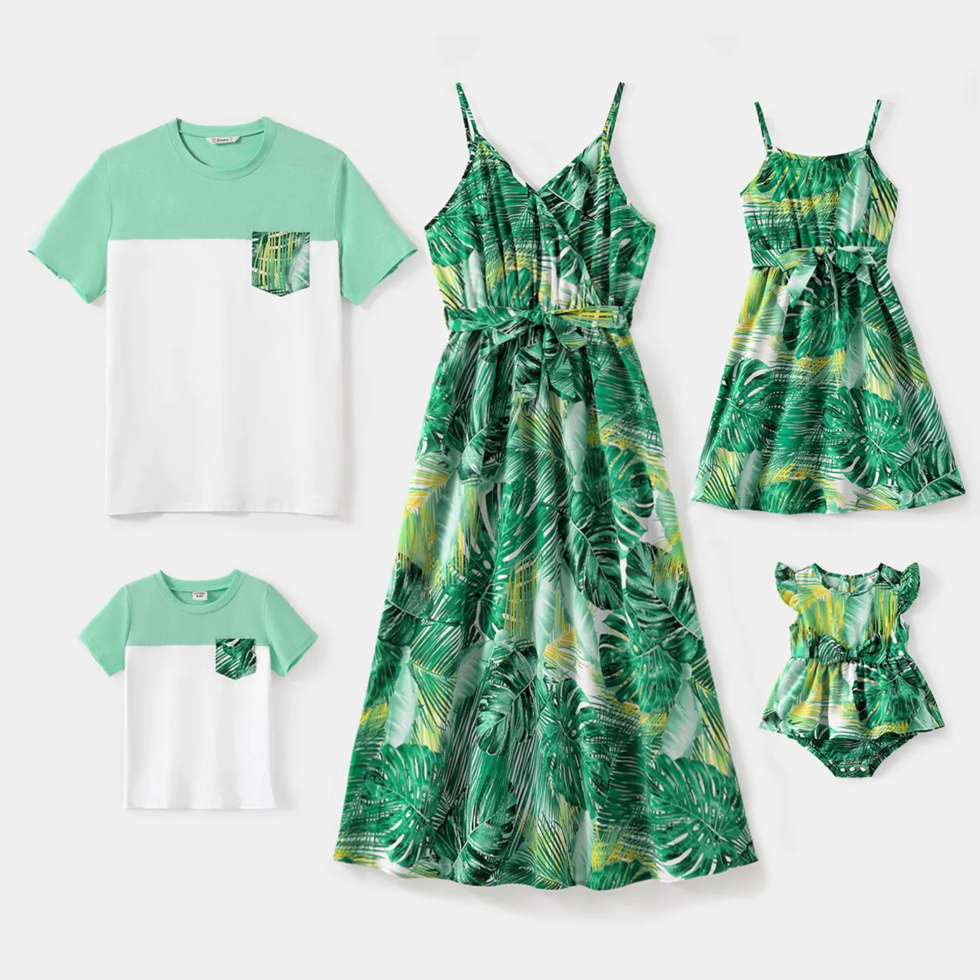 

Family Matching Allover Green Plant Print Belted Cami Dresses and Short-sleeve Colorblock T-shirts Sets