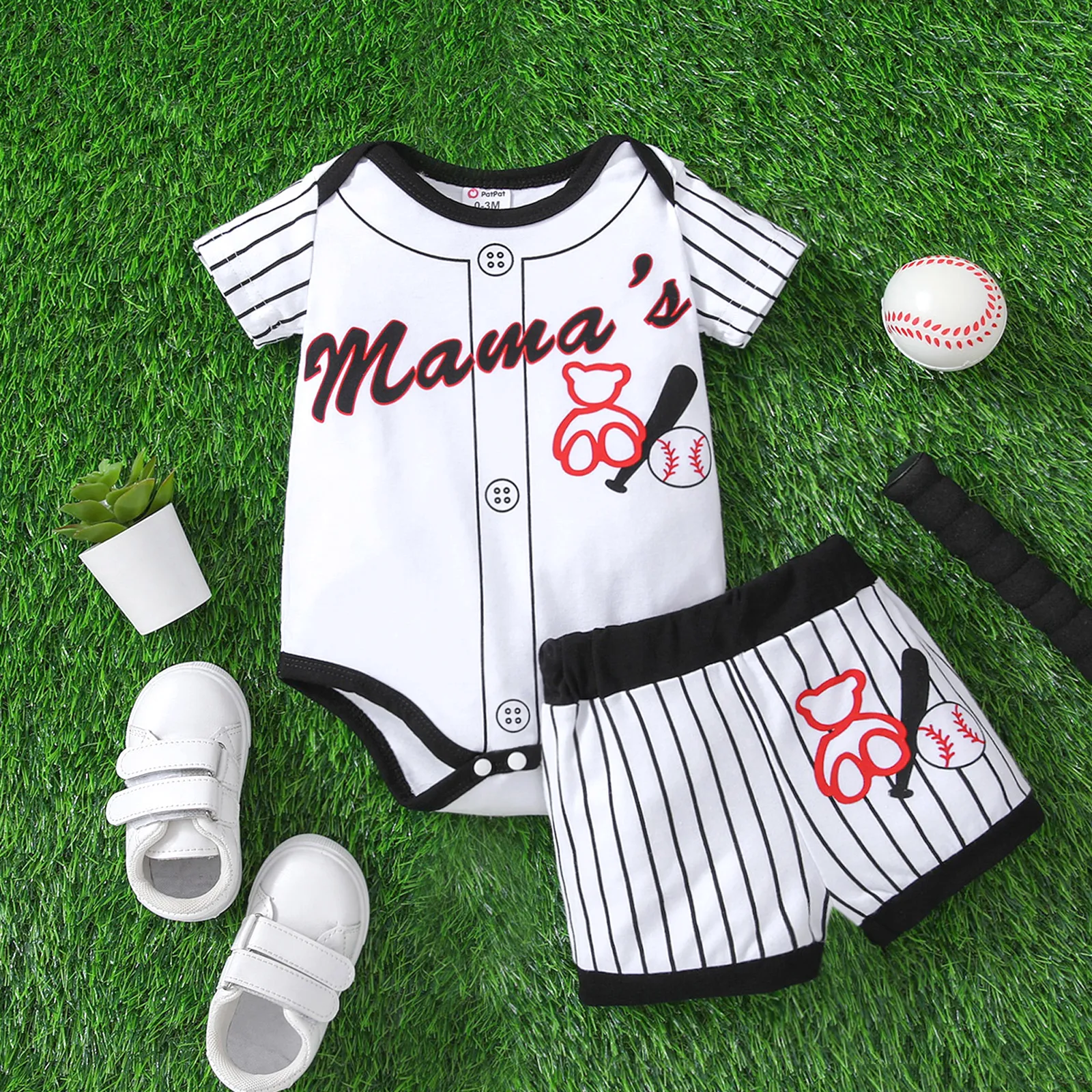 2pcs Baby Boy/Girl Striped Short-sleeve Graphic Romper & Shorts Set White big image 1