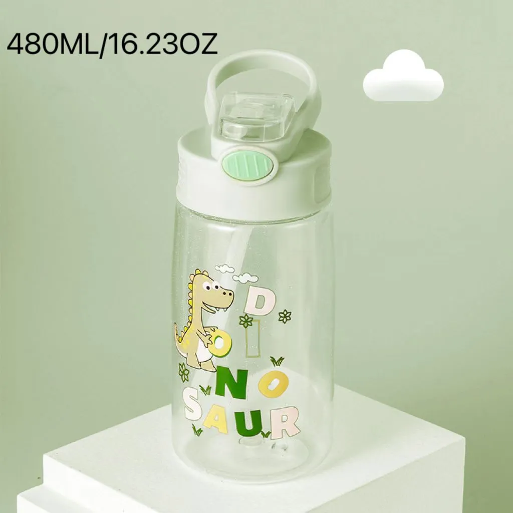 480 ml/16,23 onças para crianças com impressão de desenhos animados, canudo, garrafa de água, copo com canudinho, com alça, fácil de usar para meninas e meninos Verde Pálido