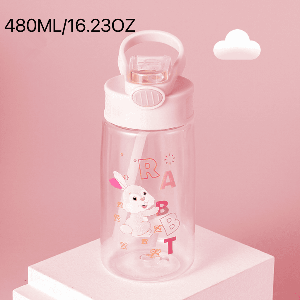 480ML/16.23OZ Kids Cartoon Print Straw Water Bottle Plastic Sippy Cup With Handle Easy Use For Girls And Boys