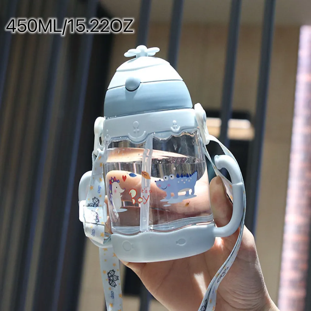 450 مللي / 15.22 أوقية زجاجة ماء كوب ماء القش مع مقياس الكرتون زجاجة ماء القش المحمولة كأس الشرب مع الحبل (رسم عشوائي) الضوء الأزرق big image 1