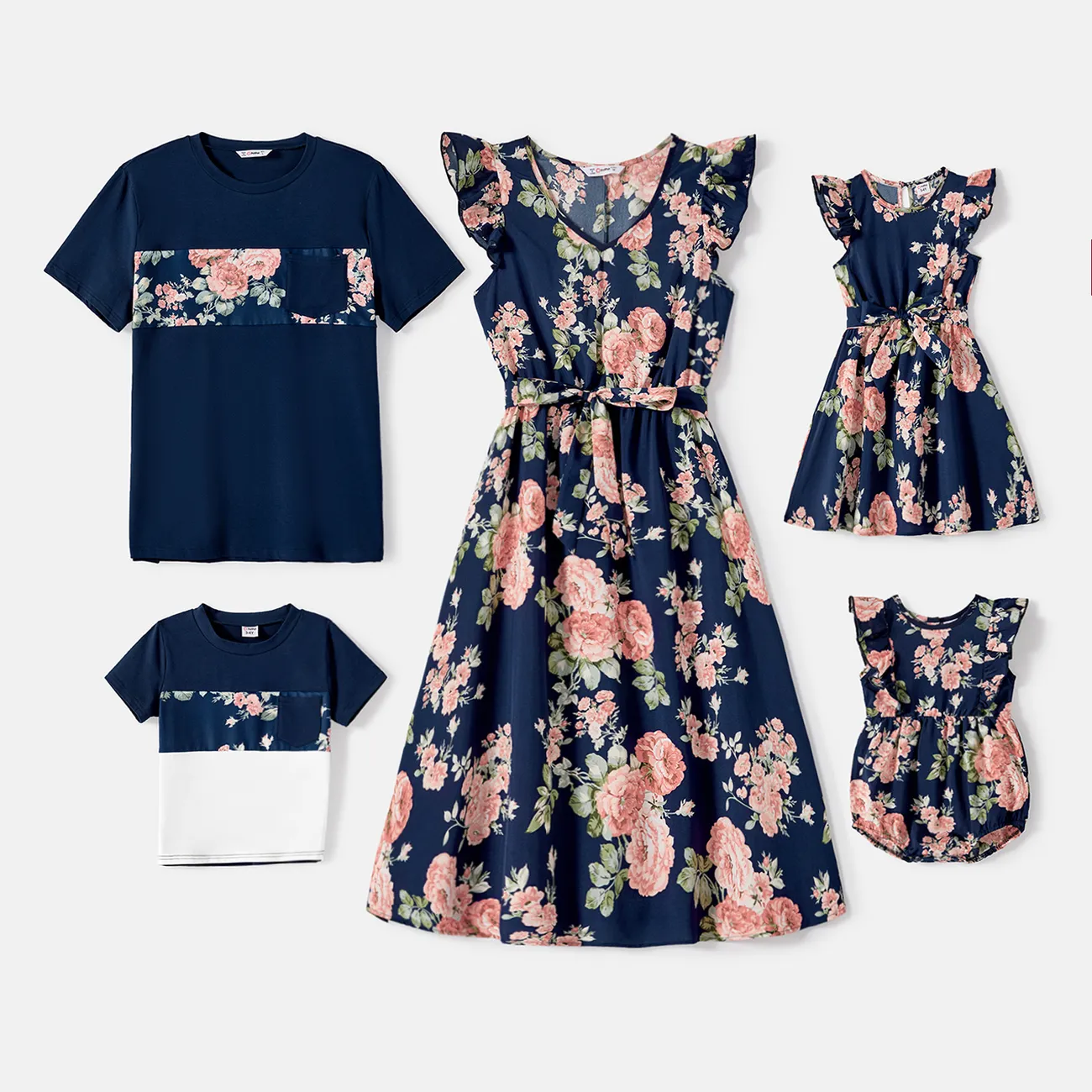 Family Matching Cotton Short-sleeve Spliced Tee and Allover Floral Print Flutter-sleeve Belted Dresses Sets Tibetanbluewhite big image 1