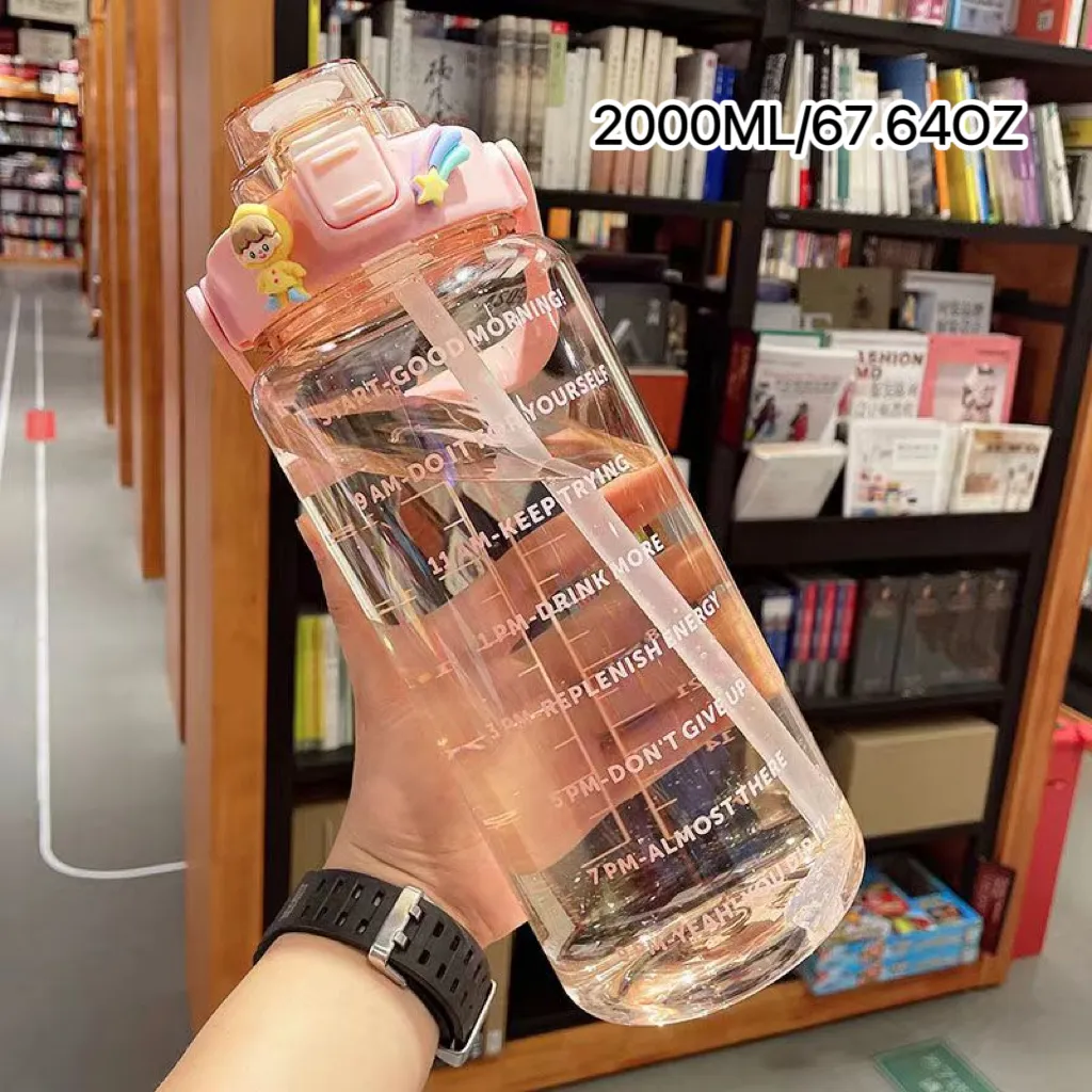 2000ML Motivational Sports Water Bottle with Time Marker Large Capacity Straw Water Cup for Fitness and Outdoor Enthusiasts Pink big image 1