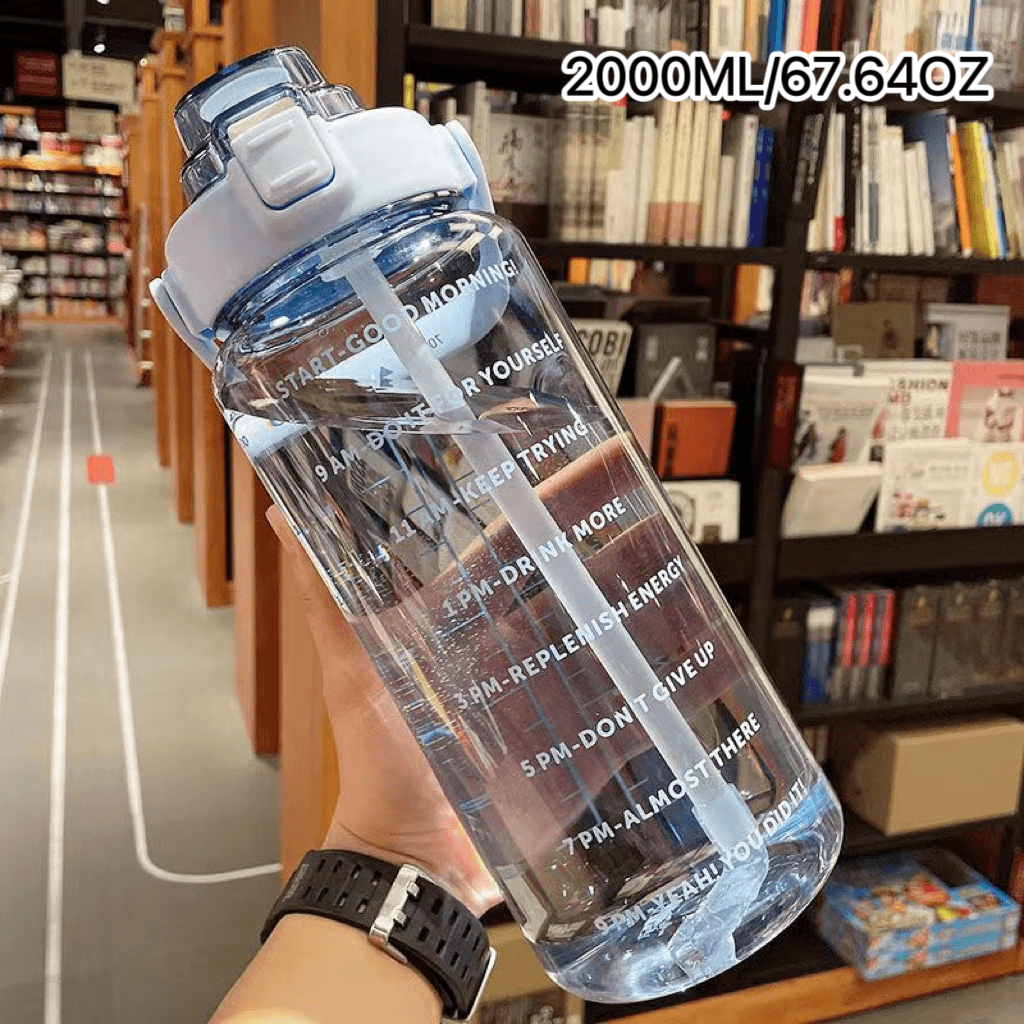 2000ML Motivational Sports Water Bottle with Time Marker Large Capacity Straw Water Cup for Fitness 